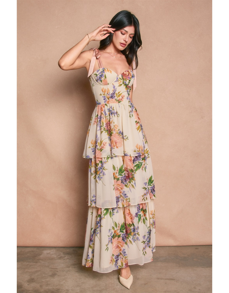 Dress Forum Delicate Affair Corset Tiered Maxi Dress with Shoulder Ties in Soft Coral