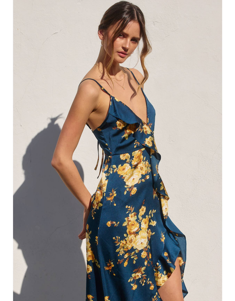 Dress Forum Floral Asymmetrical Ruffle Maxi Dress in Blue and Gold Floral
