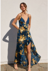 Dress Forum Floral Asymmetrical Ruffle Maxi Dress in Blue and Gold Floral