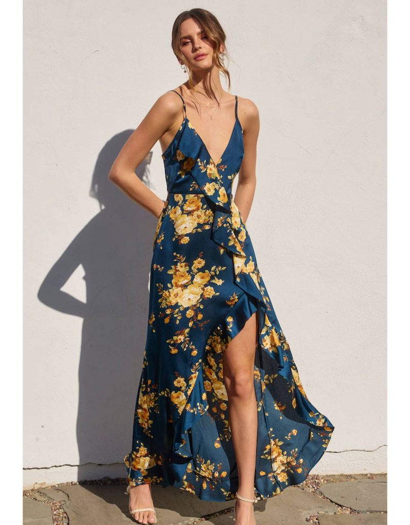 Dress Forum Floral Asymmetrical Ruffle Maxi Dress in Blue and Gold Floral