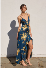 Dress Forum Floral Asymmetrical Ruffle Maxi Dress in Blue and Gold Floral