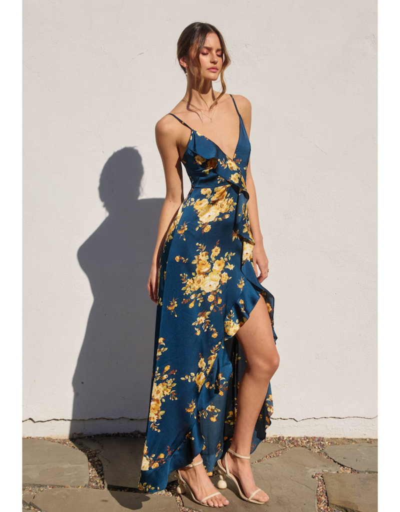 Dress Forum Floral Asymmetrical Ruffle Maxi Dress in Blue and Gold Floral