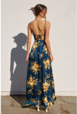 Dress Forum Floral Asymmetrical Ruffle Maxi Dress in Blue and Gold Floral