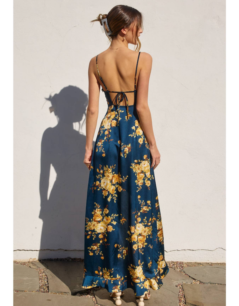 Dress Forum Floral Asymmetrical Ruffle Maxi Dress in Blue and Gold Floral