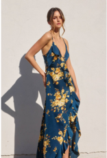 Dress Forum Floral Asymmetrical Ruffle Maxi Dress in Blue and Gold Floral