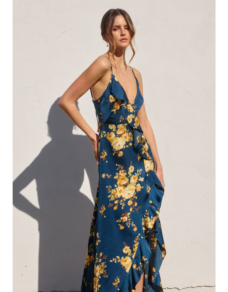 Dress Forum Floral Asymmetrical Ruffle Maxi Dress in Blue and Gold Floral