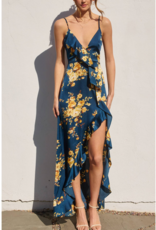 Dress Forum Floral Asymmetrical Ruffle Maxi Dress in Blue and Gold Floral