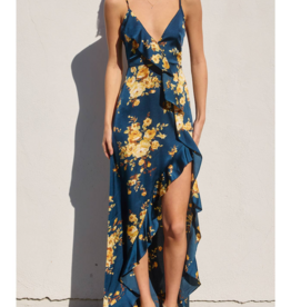 Dress Forum Floral Asymmetrical Ruffle Maxi Dress in Blue and Gold Floral