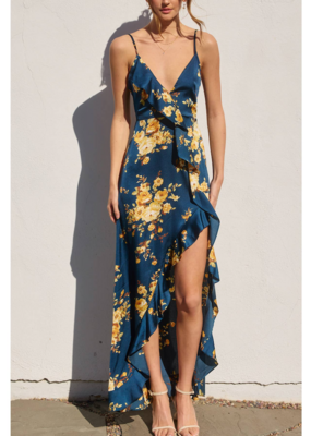 Dress Forum Floral Asymmetrical Ruffle Maxi Dress in Blue and Gold Floral