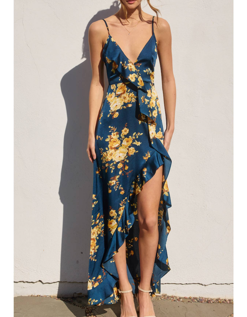 Dress Forum Floral Asymmetrical Ruffle Maxi Dress in Blue and Gold Floral