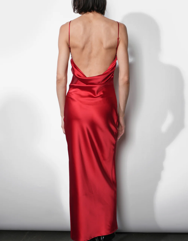 Greylin Isla Cowl Neck Satin Maxi with Slit in Red