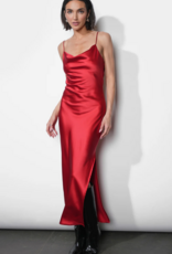 Greylin Isla Cowl Neck Satin Maxi with Slit in Red