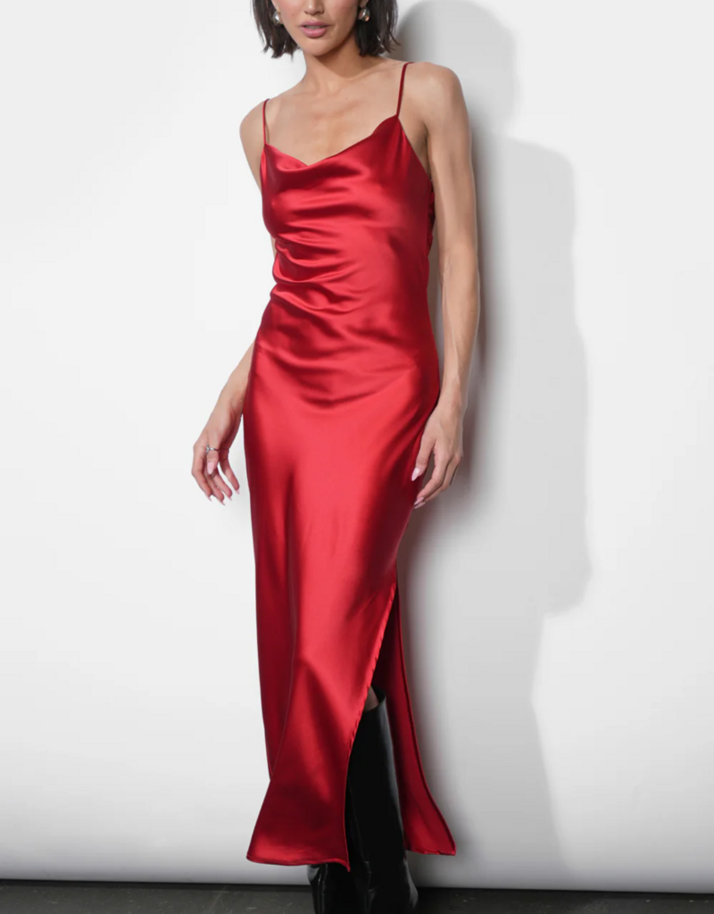 Greylin Isla Cowl Neck Satin Maxi with Slit in Red