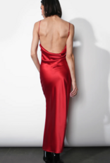 Greylin Isla Cowl Neck Satin Maxi with Slit in Red