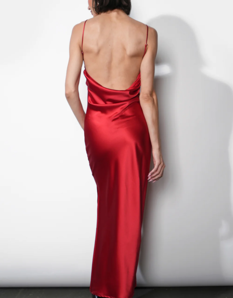 Greylin Isla Cowl Neck Satin Maxi with Slit in Red