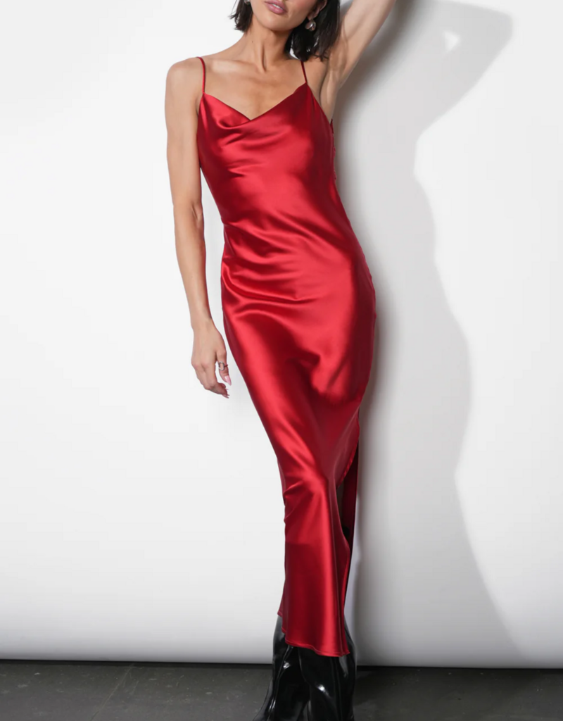 Greylin Isla Cowl Neck Satin Maxi with Slit in Red