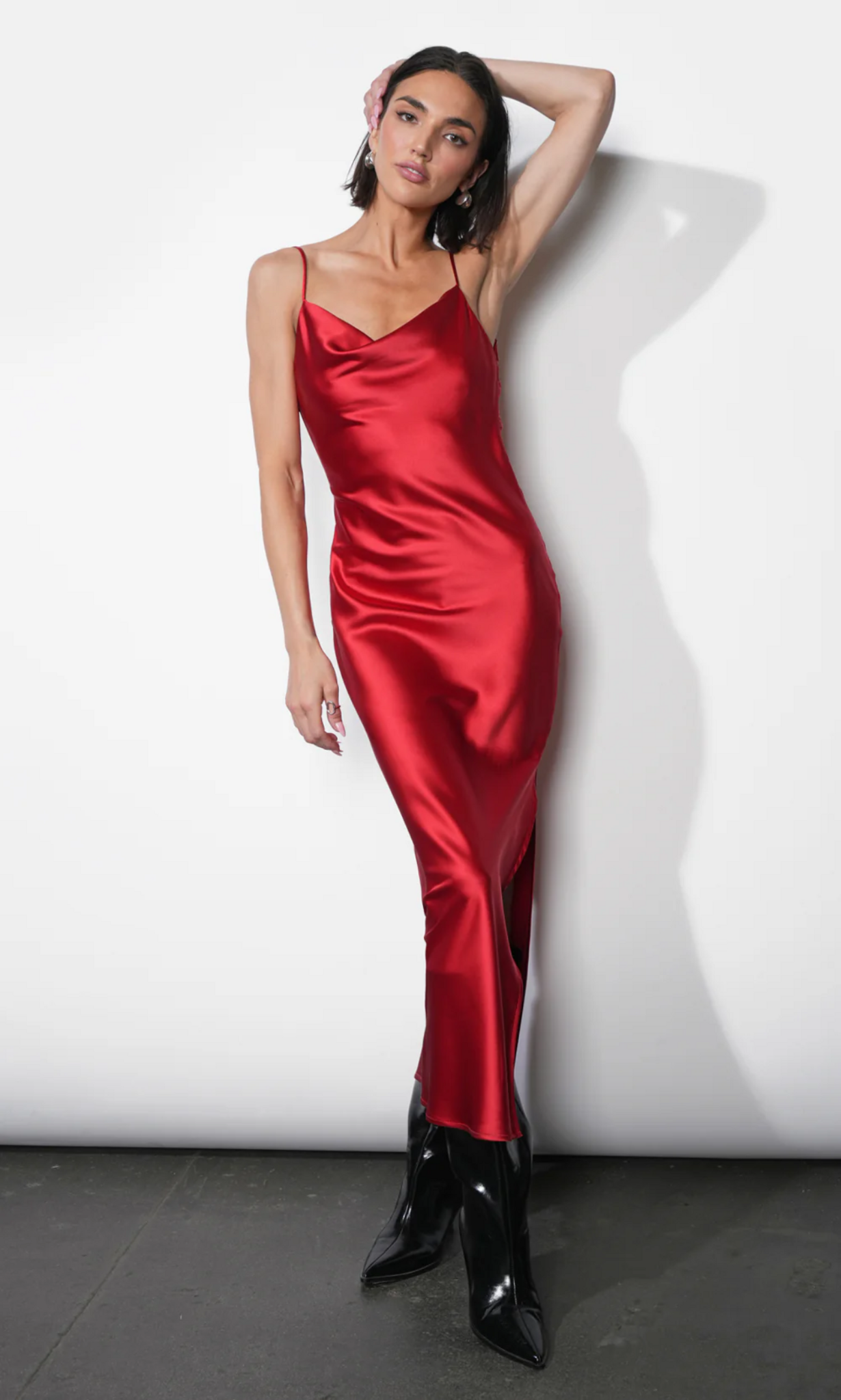 Greylin Isla Cowl Neck Satin Maxi With Slit In Red