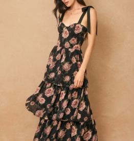 Dress Forum All For You Corset Tiered Maxi Dress with Shoulder Ties in Midnight Rose