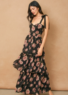 Dress Forum All For You Corset Tiered Maxi Dress with Shoulder Ties in Midnight Rose
