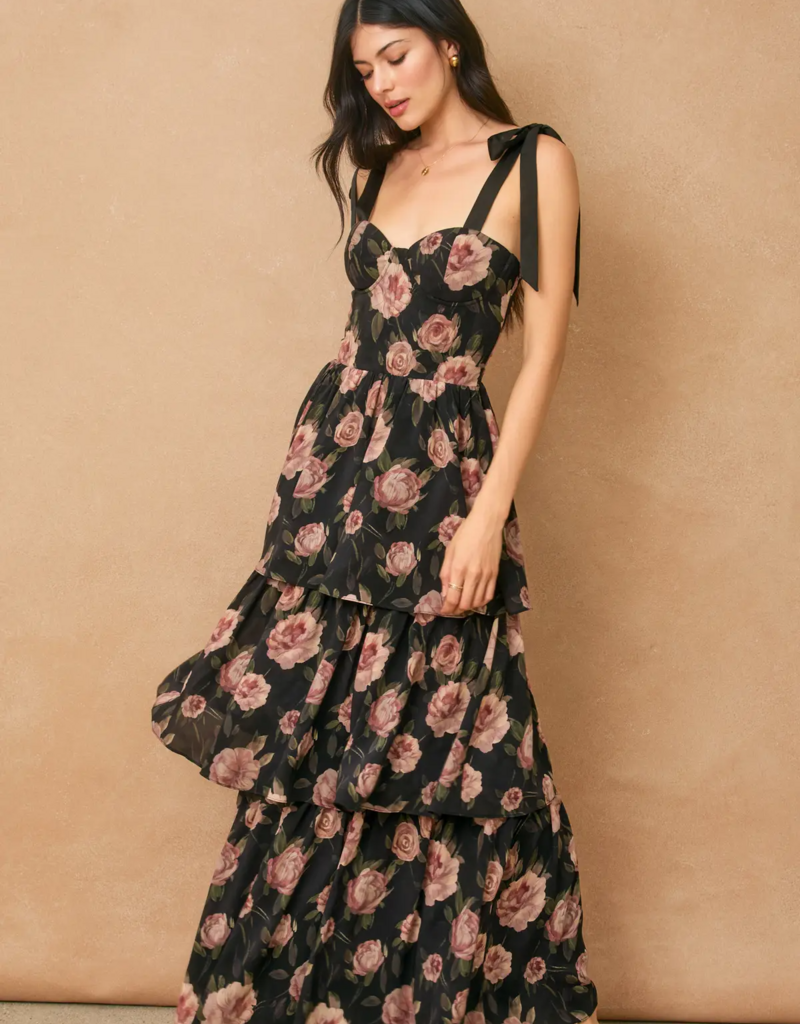 Dress Forum All For You Corset Tiered Maxi Dress with Shoulder Ties in Midnight Rose