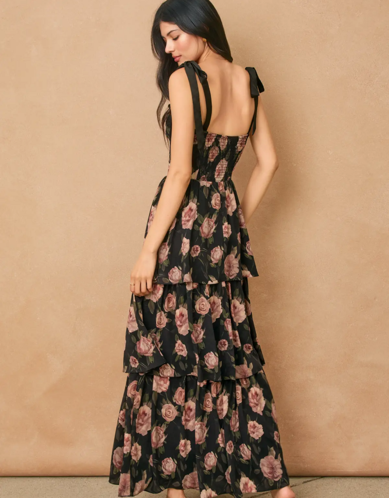 Dress Forum All For You Corset Tiered Maxi Dress with Shoulder Ties in Midnight Rose