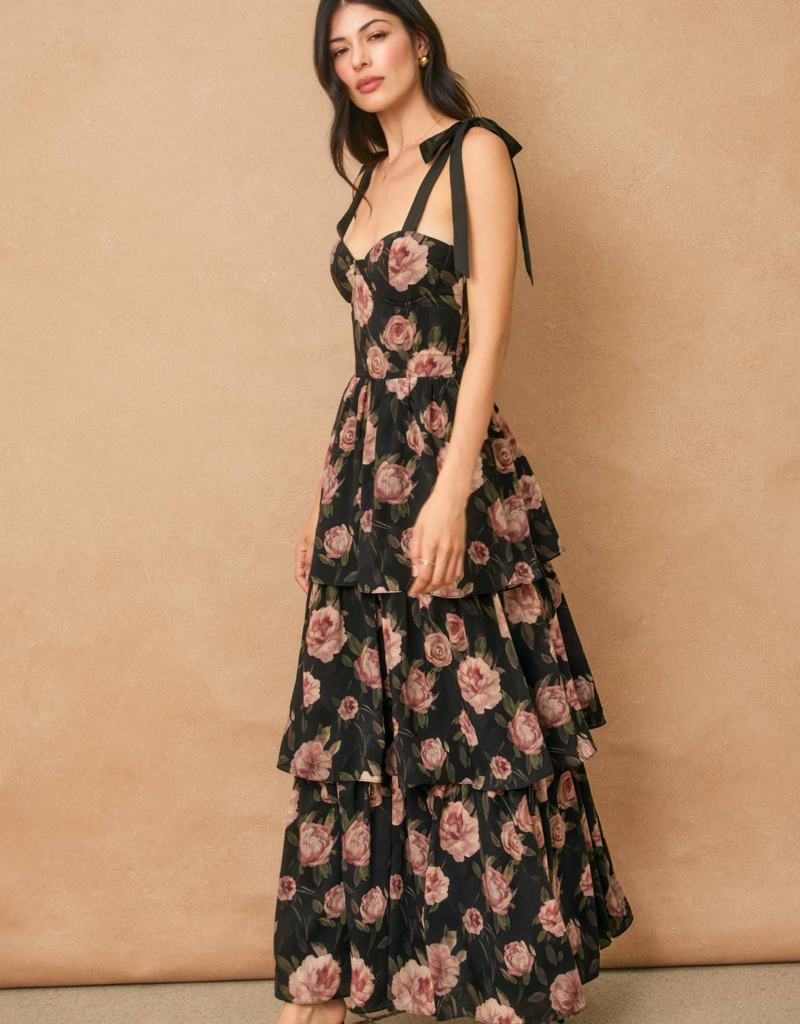 Dress Forum All For You Corset Tiered Maxi Dress with Shoulder Ties in Midnight Rose