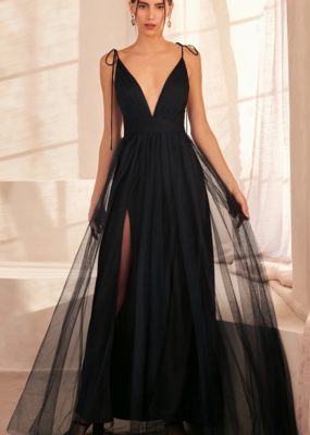 Amoris Wonderstruck Tulle Maxi Dress with Tie Shoulders in Black