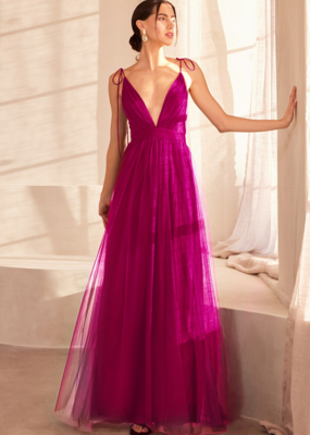 Amoris Wonderstruck Tulle Maxi Dress with Tie Shoulders in Fuchsia