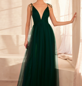 Amoris Wonderstruck Tulle Maxi Dress with Tie Shoulders in Emerald