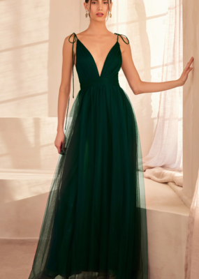 Amoris Wonderstruck Tulle Maxi Dress with Tie Shoulders in Emerald