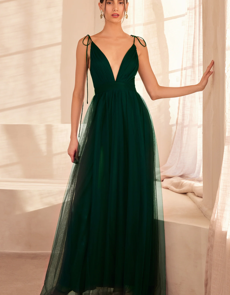 Amoris Wonderstruck Tulle Maxi Dress with Tie Shoulders in Emerald
