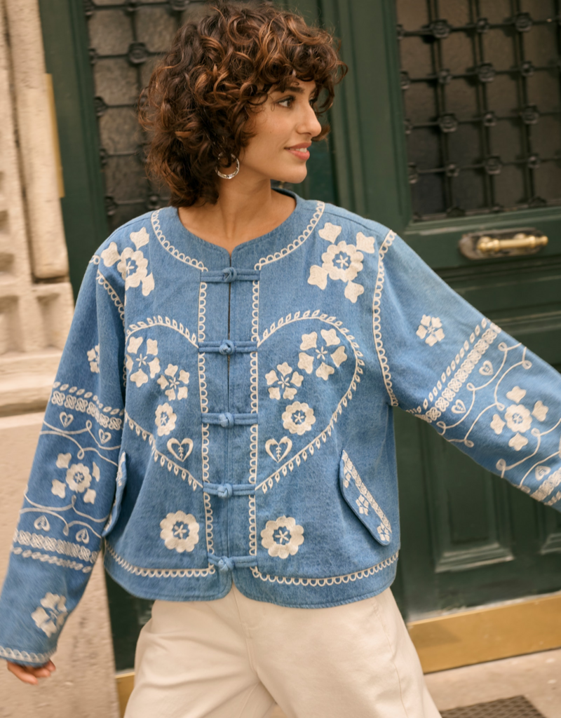Cream Tannie Embroidered Jacket in Portland Blue Denim