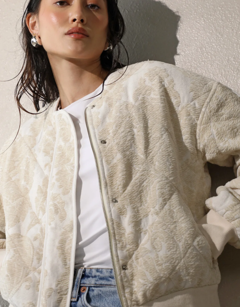 Greylin Micah Embroidered Quilted Bomber Jacket in Ivory/Beige