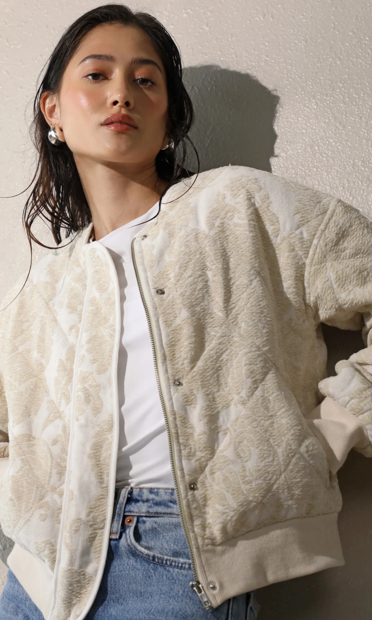 Micah Embroidered Quilted Bomber Jacket in Ivory/Beige - Adorn