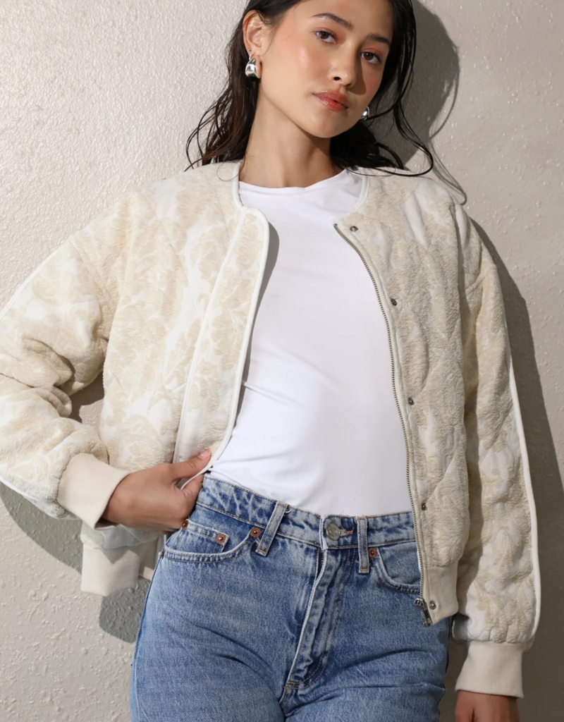 Greylin Micah Embroidered Quilted Bomber Jacket in Ivory/Beige