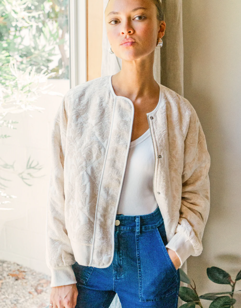 Greylin Micah Embroidered Quilted Bomber Jacket in Ivory/Beige