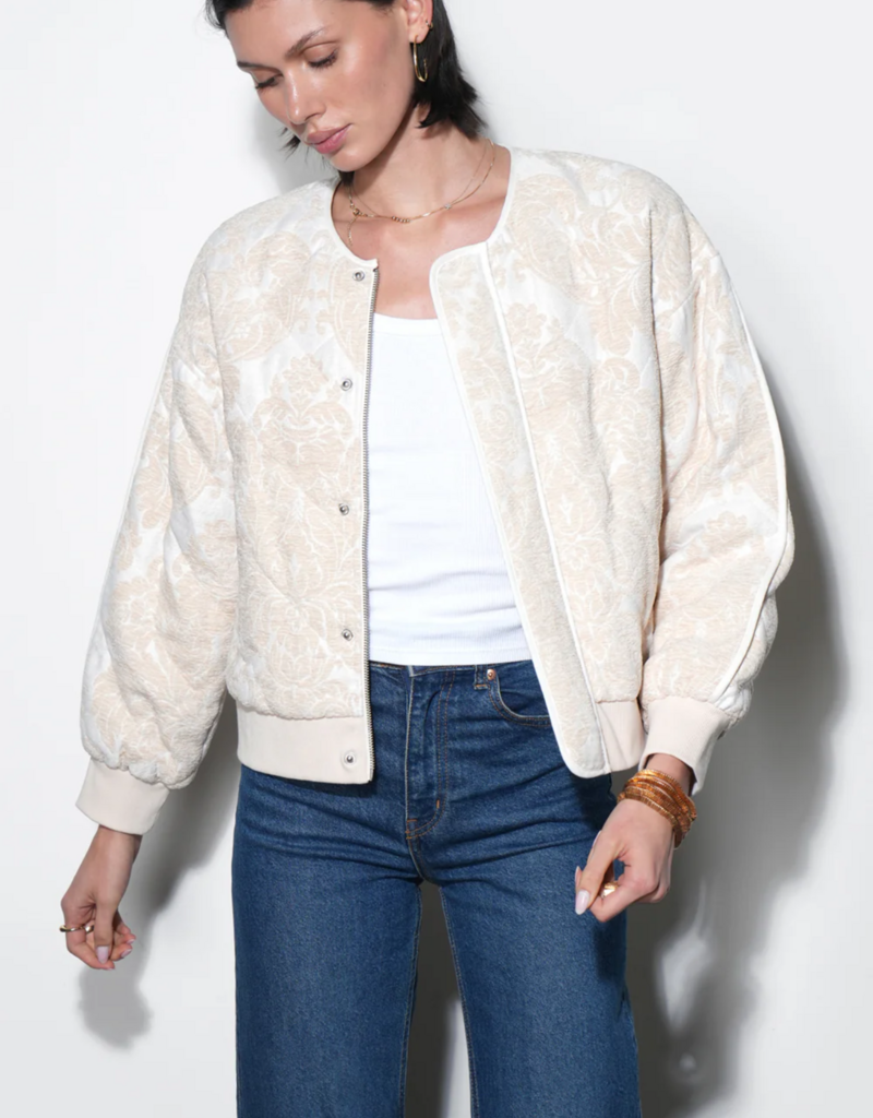 Greylin Micah Embroidered Quilted Bomber Jacket in Ivory/Beige