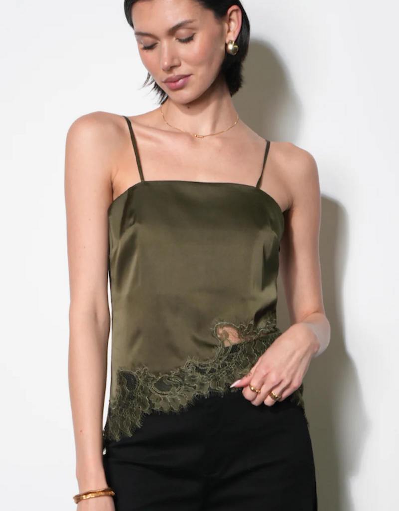 Greylin Stella Lace Hem Satin Cami in Olive