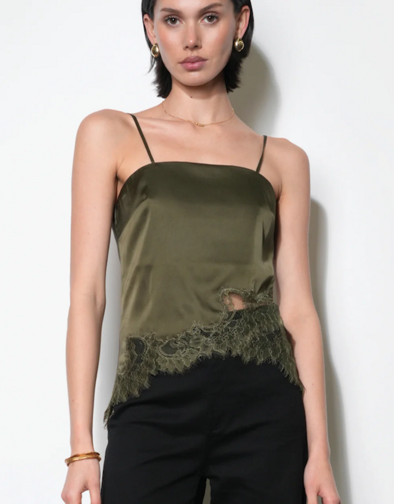 Greylin Stella Lace Hem Satin Cami in Olive