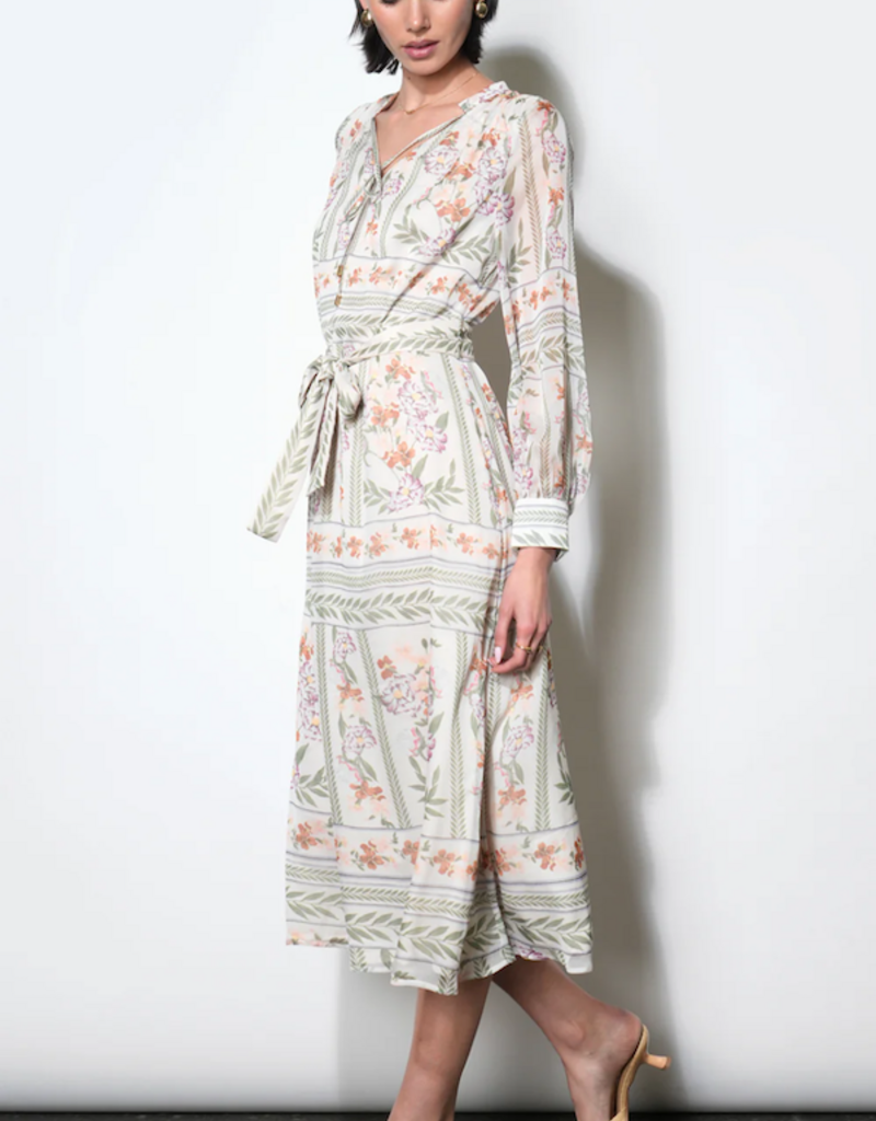 Greylin Reese Flowy Scarf Print Midi with Tie Belt in Ivory Combo