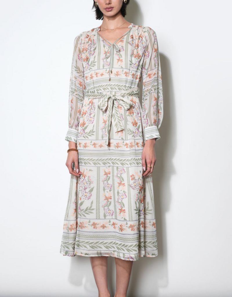 Greylin Reese Flowy Scarf Print Midi with Tie Belt in Ivory Combo