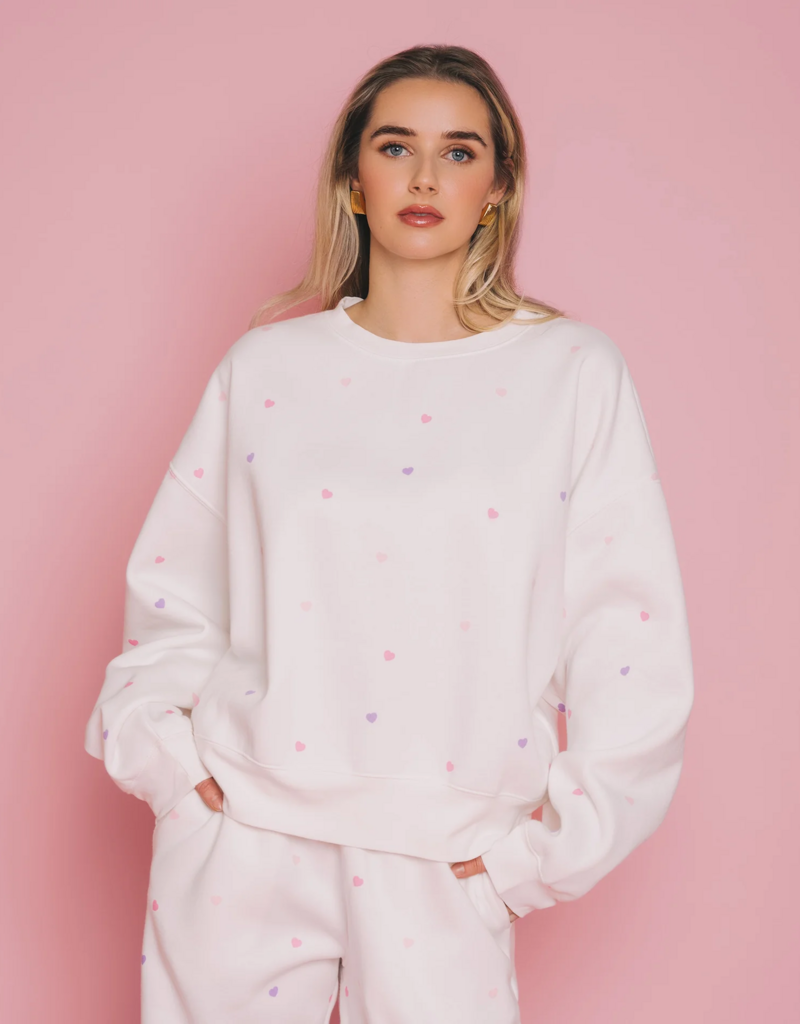 Brunette the Label All Over Tiny Heart Girlfriend Crew in Cream w/ Multicolour Hearts