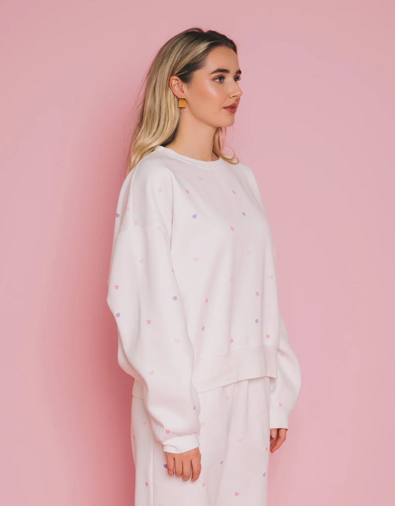 Brunette the Label All Over Tiny Heart Girlfriend Crew in Cream w/ Multicolour Hearts