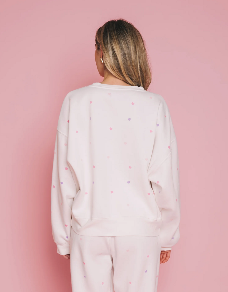 Brunette the Label All Over Tiny Heart Girlfriend Crew in Cream w/ Multicolour Hearts