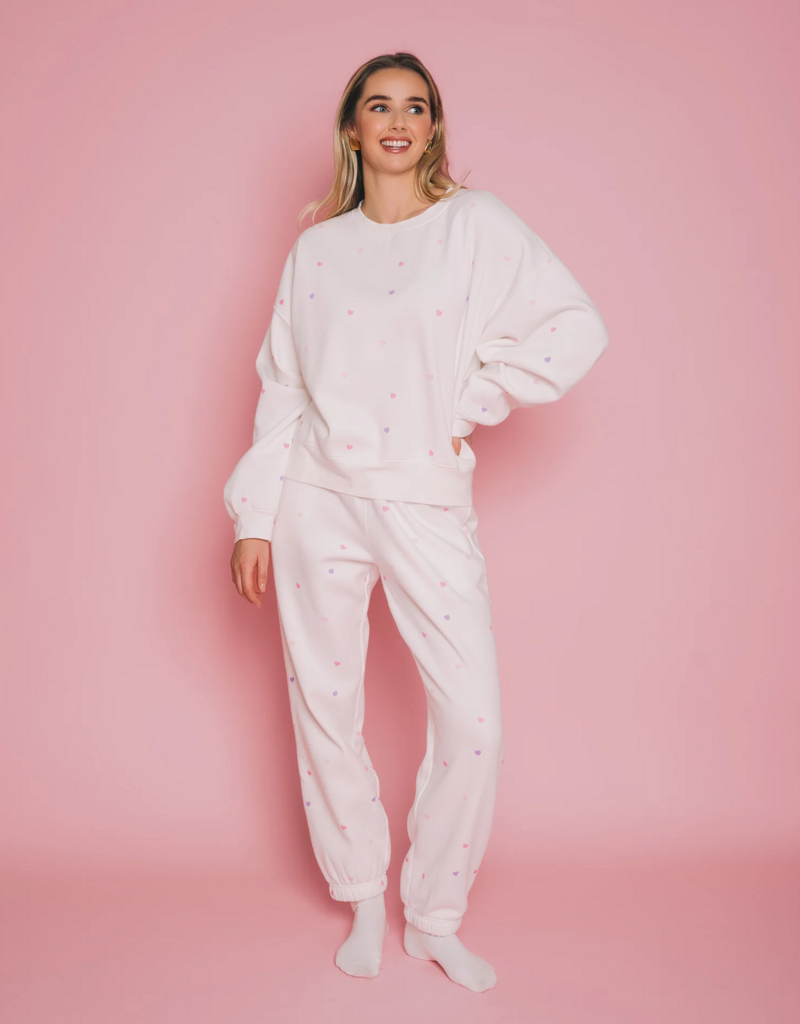 Brunette the Label All Over Tiny Heart Oversized Jogger in Cream w/ Multicolour Hearts