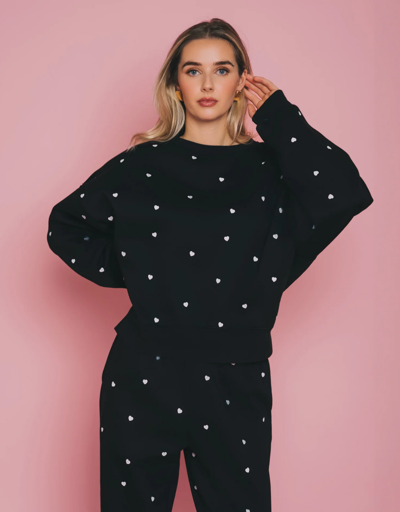 Brunette the Label All Over Tiny Heart Girlfriend Crew in Black w/ Cream Hearts