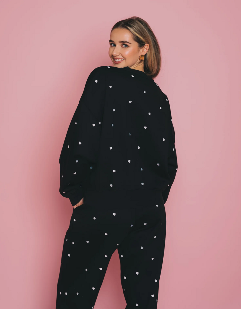 Brunette the Label All Over Tiny Heart Girlfriend Crew in Black w/ Cream Hearts