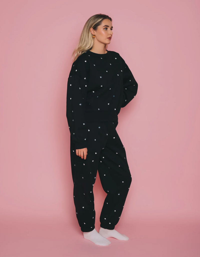 Brunette the Label All Over Tiny Heart Girlfriend Crew in Black w/ Cream Hearts