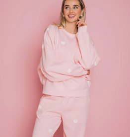 Brunette the Label All Over Heart Girlfriend Crew in Light Pink w/ White Hearts