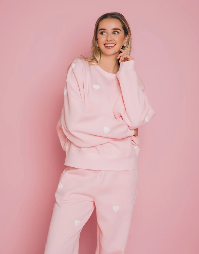 Brunette the Label All Over Heart Girlfriend Crew in Light Pink w/ White Hearts